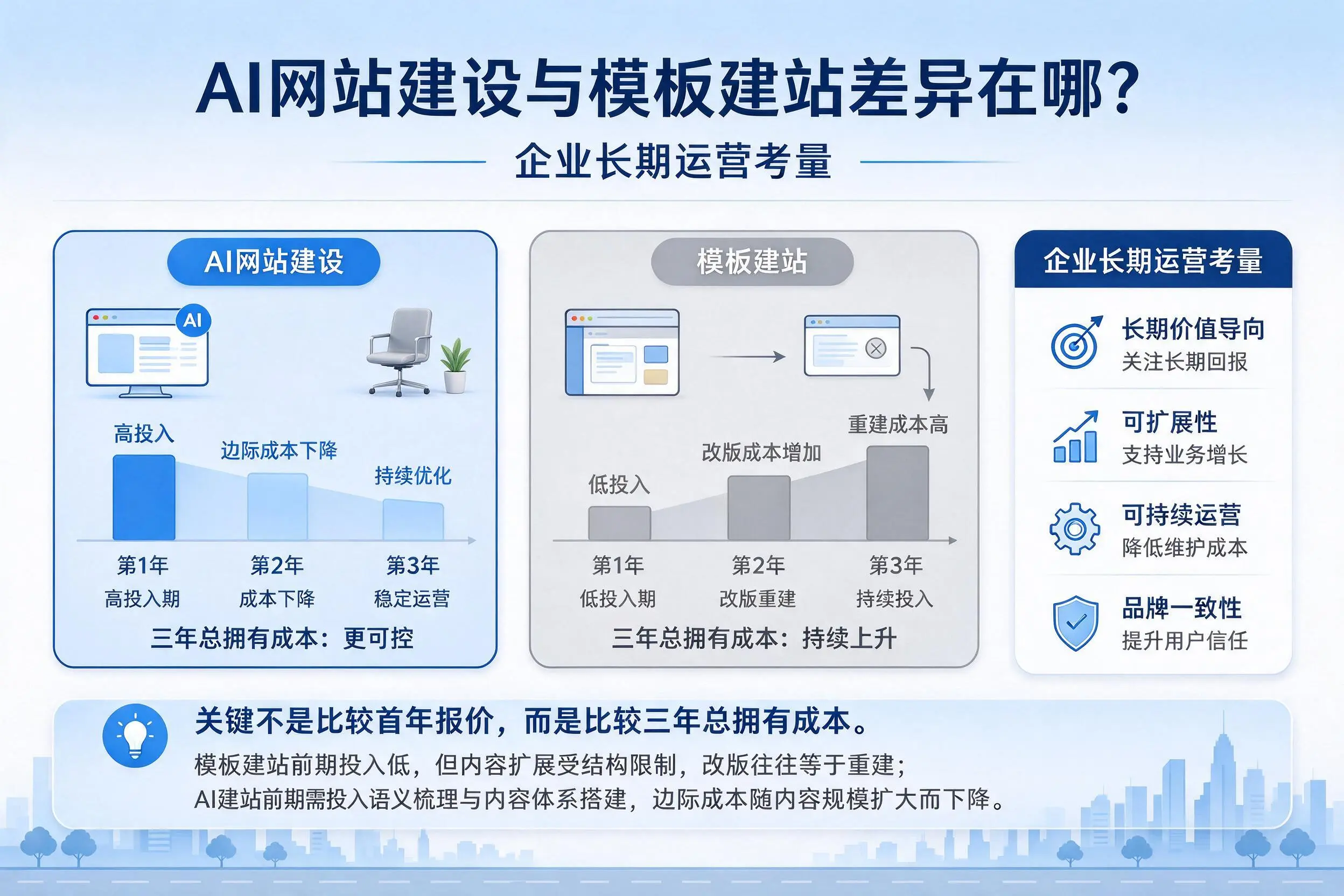 AI网站建设与模板建站差异在哪?文昌企业长期运营考量