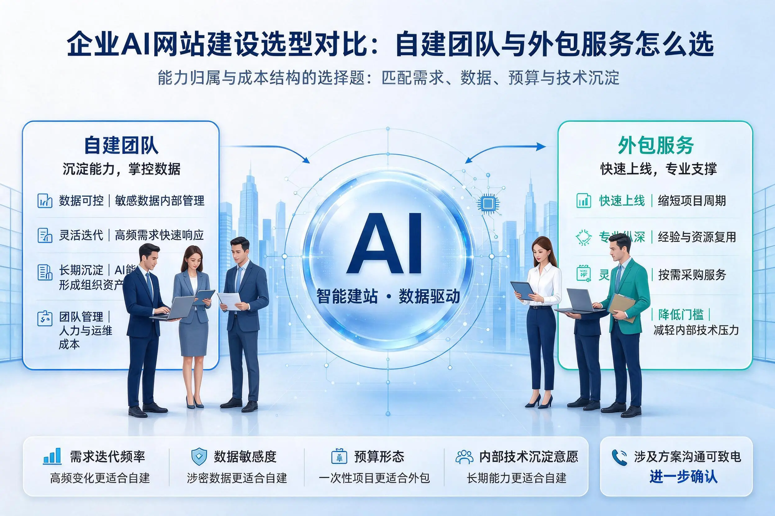 文昌企业AI网站建设选型对比：自建团队与外包服务怎么选